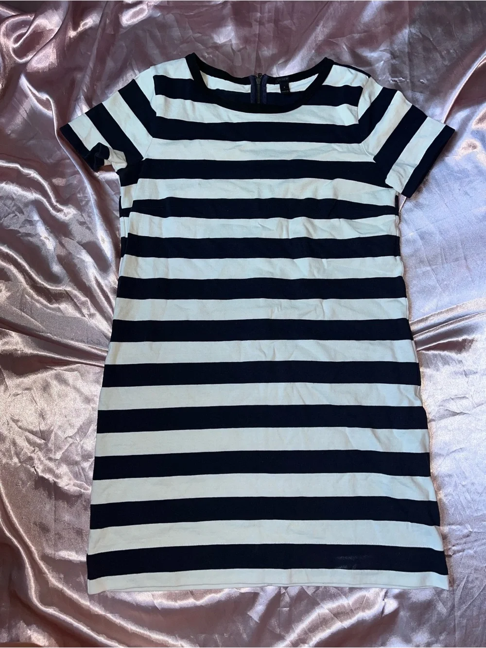 J. Crew Navy and White Striped Asymmetrical Short-Sleeve Dress